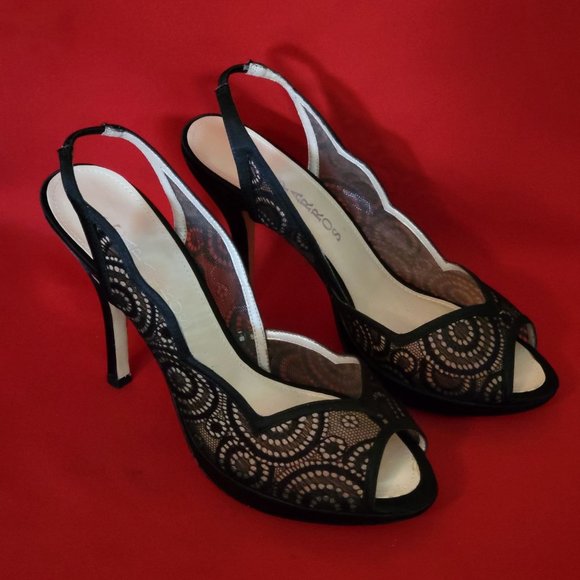 Caparros Black Lace High Heel Open Toe 9B Womens Shoes - Picture 6 of 13